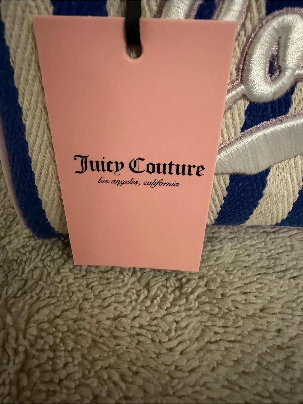 Juicy Couture Blue & Pink Striped Satchel with Pink Fur Pom
